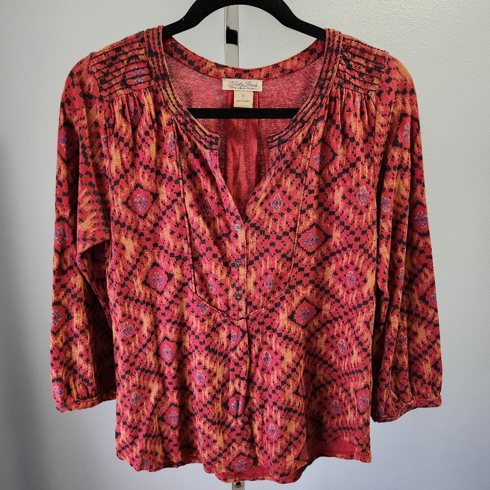 Lucky Brand Knit 3/4 Sleeve Top Yoke Front Geometric Blouse Women's Small S Red.